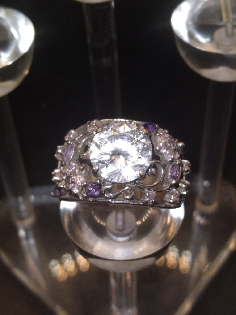 Sterling Silver 925 Rhinestone Ring with Purple & Pink Flowers on each side